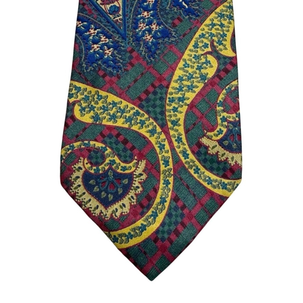 Edward Tunick Enro Mens Silk Tie Paisley Plaid Multi Color Blue Red Green USA